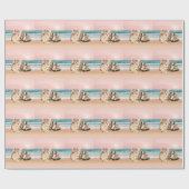 夕焼けでストライプのビーチに座る可愛い猫 ラッピングペーパー (フラット)