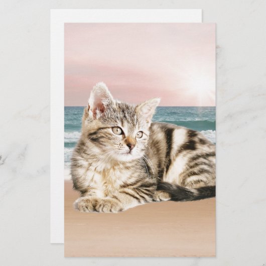 夕焼けでストライプのビーチに座る可愛い猫 便箋 (正面/裏面)