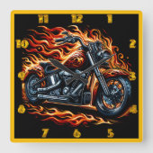 夕焼けに燃え上がる炎のオートバイ スクエア壁時計 (正面)