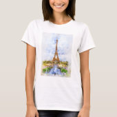 夕焼けのエッフェル塔 パリ フランス 水彩画 Tシャツ (正面)