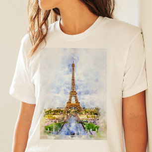夕焼けのエッフェル塔 パリ フランス 水彩画 Tシャツ