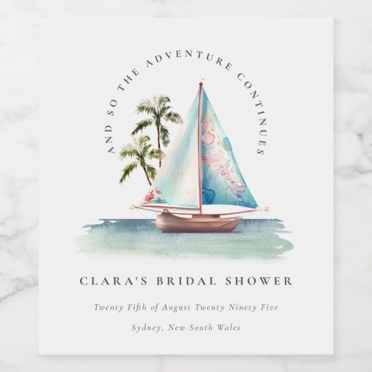 夕焼けのターコイズ色の帆船とヤシの木の海辺の風景 ブライダルシャワー ワインラベル (シングルラベル)