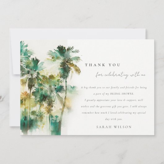 夕焼けのトロピカルウォーターカラーパームツリー ブライダルシャワー サンキューカード (正面)