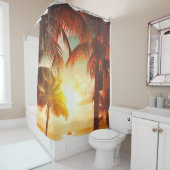 夕焼けのビーチ、ヤシの木と美しい空洞 シャワーカーテン (インサイチュ)