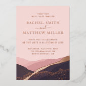 夕焼けの丘　山々はピンク色にほこりっぽく染まった 箔招待状 (正面)