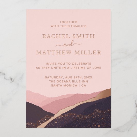 夕焼けの丘　山々はピンク色にほこりっぽく染まった 箔招待状 (正面)