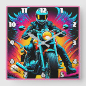 夕焼けの中で燃え鮮やかるバイク乗り スクエア壁時計 (正面)