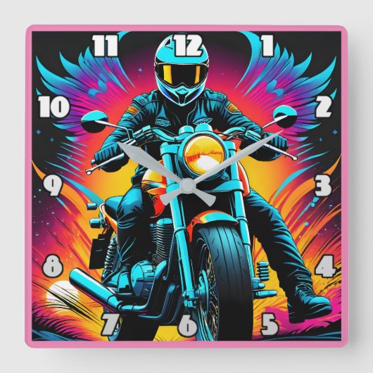 夕焼けの中で燃え鮮やかるバイク乗り スクエア壁時計 (正面)