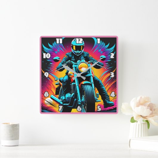 夕焼けの中で燃え鮮やかるバイク乗り スクエア壁時計 (ホーム)
