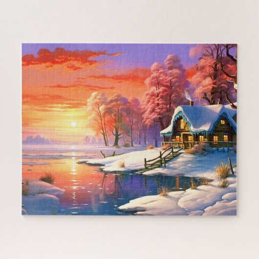 夕焼けの冬の雪 自然の色彩豊かな風景画 ジグソーパズル (横)