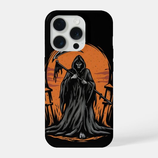 夕焼けの墓地に佇む死神のキャラクターイラスト iPhoneケース (裏面)