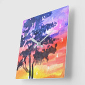 夕焼けの夢風景水彩画 スクエア壁時計 (傾斜)