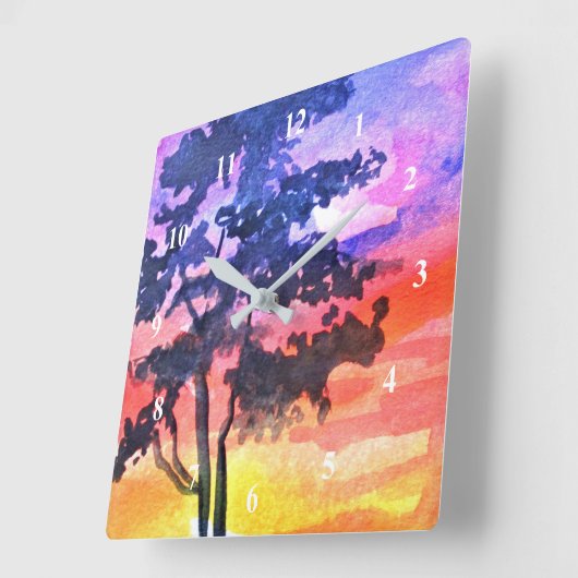 夕焼けの夢風景水彩画 スクエア壁時計 (傾斜)
