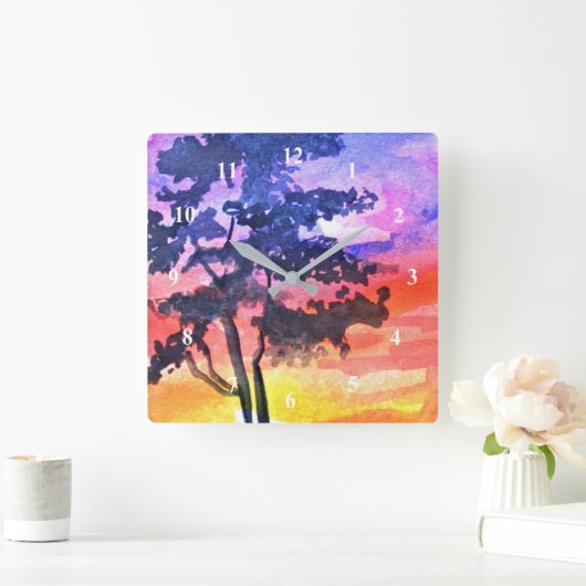 夕焼けの夢風景水彩画 スクエア壁時計 (ホーム)