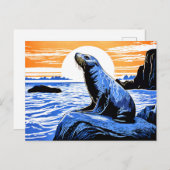 夕焼けの時に岩の上にライオンの亜麻布 ポストカード (正面/裏面)