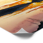 夕焼けの水彩画を眺める猫 ポスター (角)