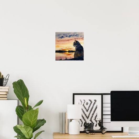 夕焼けの水彩画を眺める猫 ポスター (ホームオフィス)