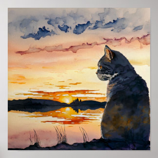 夕焼けの水彩画を眺める猫 ポスター