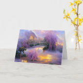 夕焼けの池のそばのピンクのシダレヤナギの木 カード (黄色い花)