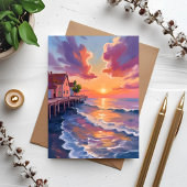 夕焼けの波止場と海の波　黄金時間の海景 ポストカード