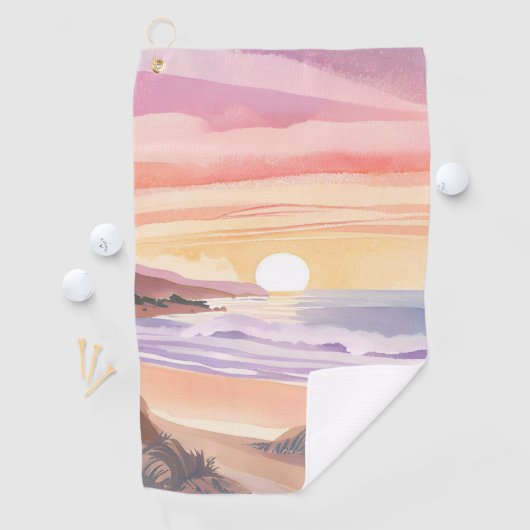 夕焼けの海に頬を染めて | ビーチ 水彩画 ゴルフタオル (インサイチュ)