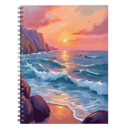 夕焼けの海の波のビーチ 水彩画 ノートブック (正面)
