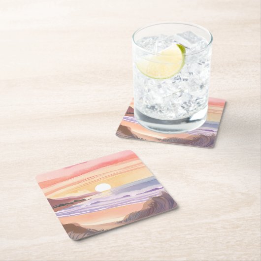 夕焼けの海 ブルッシュ | ビーチの水彩画 スクエアペーパーコースター (インサイチュ)