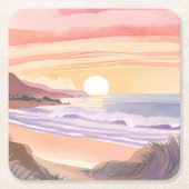 夕焼けの海 ブルッシュ | ビーチの水彩画 スクエアペーパーコースター (正面)