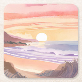 夕焼けの海 ブルッシュ | ビーチの水彩画 スクエアペーパーコースター