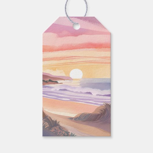 夕焼けの海 ブルージュ ビーチの水彩画 ギフトタグ (正面)