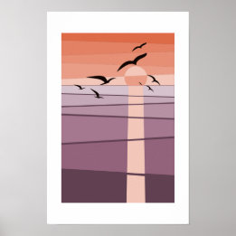 夕焼けの空を飛ぶ海鳥たち パープルオレンジアート ポスター