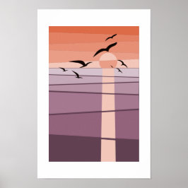 夕焼けの空を飛ぶ海鳥たち パープルオレンジアート ポスター