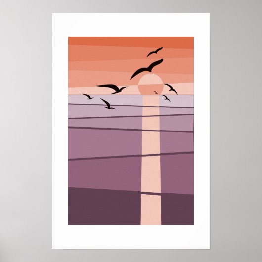 夕焼けの空を飛ぶ海鳥たち パープルオレンジアート ポスター (正面)