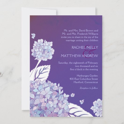 夕焼けの紫紫紫陽花結婚の 招待状 (正面)