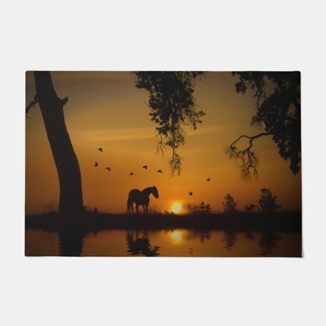 夕焼けの美しい南西部の馬 ドアマット (正面)