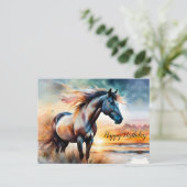 夕焼けの草原の野生馬 ポストカード (スタンド正面)