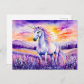 夕焼けの虹鮮やかの空の下のユニコーン ポストカード (正面/裏面)
