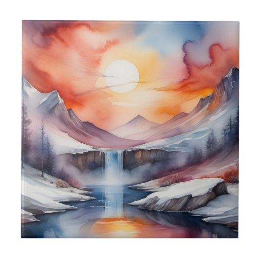 夕焼けの雪山の水彩画 タイル (正面)
