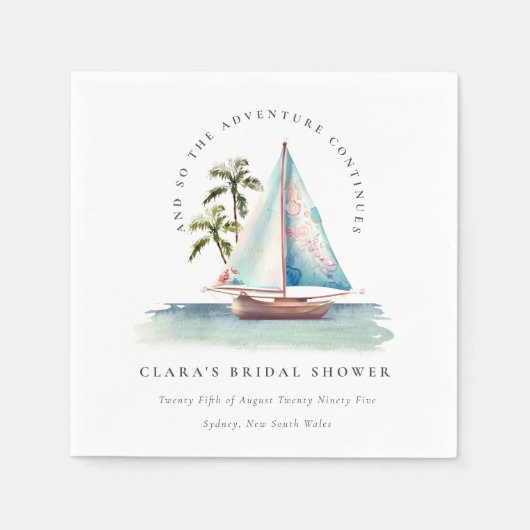 夕焼けの青緑色の帆船とヤシの木の海辺の風景 ブライダルシャワー スタンダードカクテルナプキン (正面)