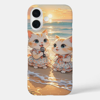 夕焼けビーチの可愛い歌う猫 iPhoneケース iPhone 16ケース