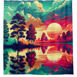 「夕焼け反射 – 鮮やか風景画」 シャワーカーテン