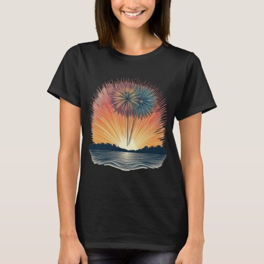 夕焼け湖の上で花火 Tシャツ (正面)