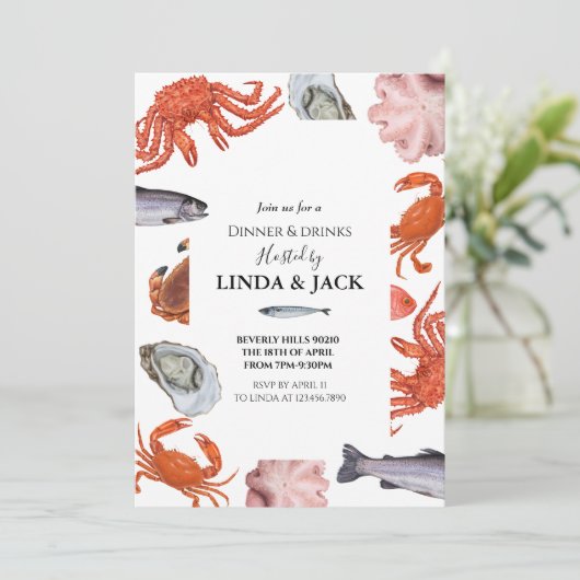 夕食のパーティの招待状のシーフードのテーマ 招待状 (スタンド正面)