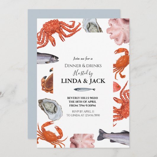 夕食のパーティの招待状のシーフードのテーマ 招待状 (正面/裏面)