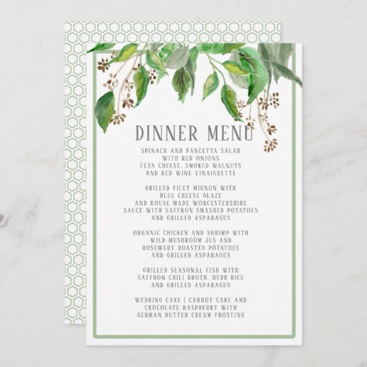 夕食メニュー夏の群葉の緑の草木のユーカリの芸術 メニュー (正面/裏面)