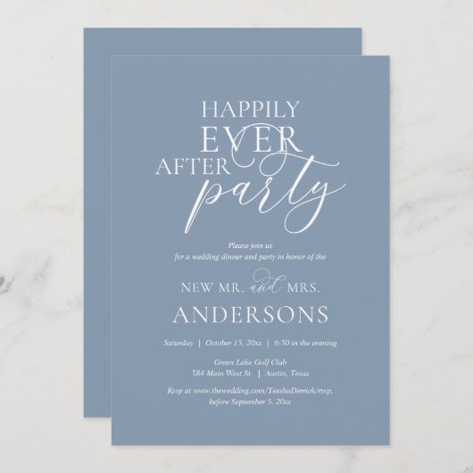 夕食後の幸せ結婚なパーティー埃っぽい青 招待状 (正面/裏面)