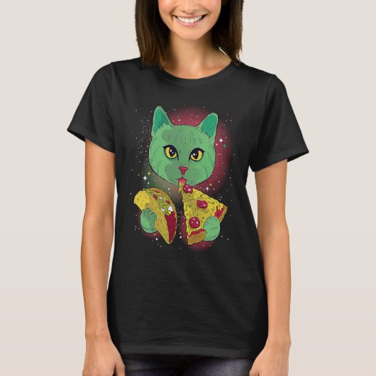 外おもしろい部Tで食べ物の猫のタコスとピザ Tシャツ (正面)