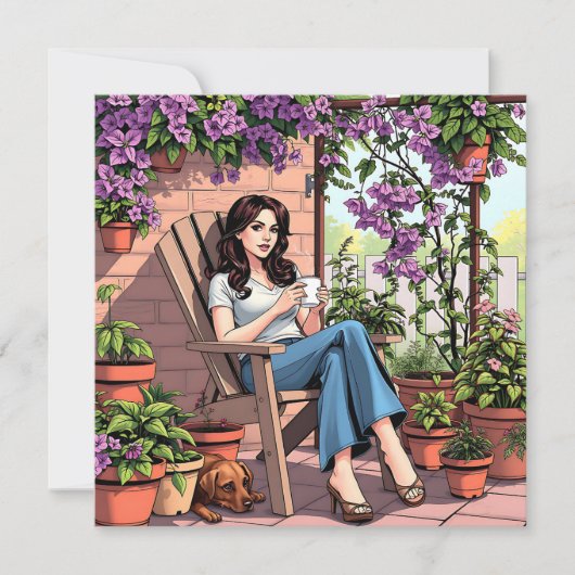 外かわいらしでコーヒーを飲むリラックス女性 (正面)