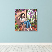 外かわいらしでコーヒーを飲むリラックス女性 キャンバスプリント (インサイチュ (ウッドフロア))