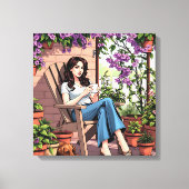 外かわいらしでコーヒーを飲むリラックス女性 キャンバスプリント (正面)